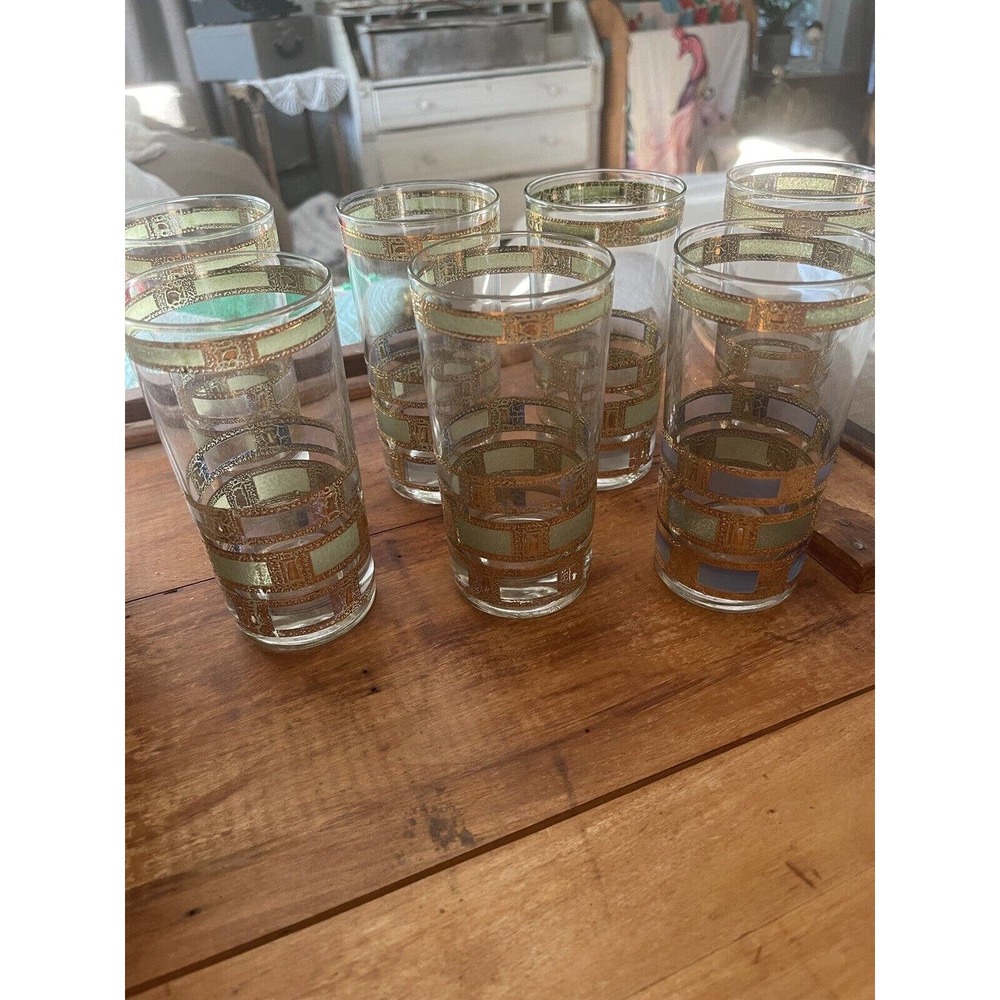 7 Culver Empress Highball Glasses- 22 Kt Gold/Green/Blue W/Makers Mark